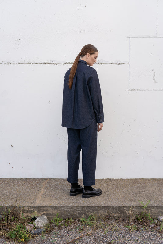 Archetype denim shirt and matching trousers on a model.