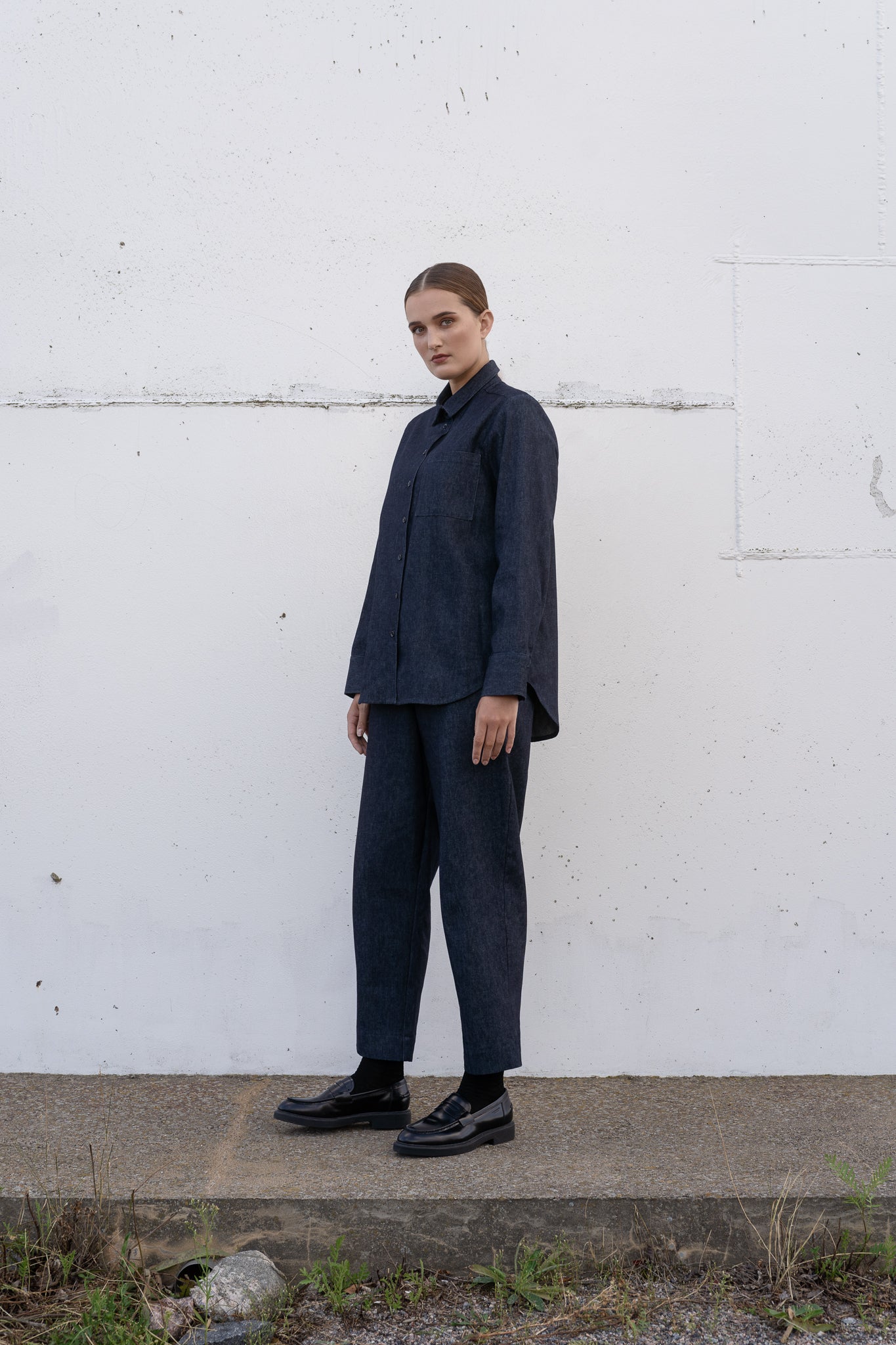 Archetype hemp indigo denim outfit on a female model.