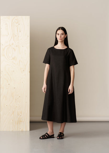 Belted black linen dress