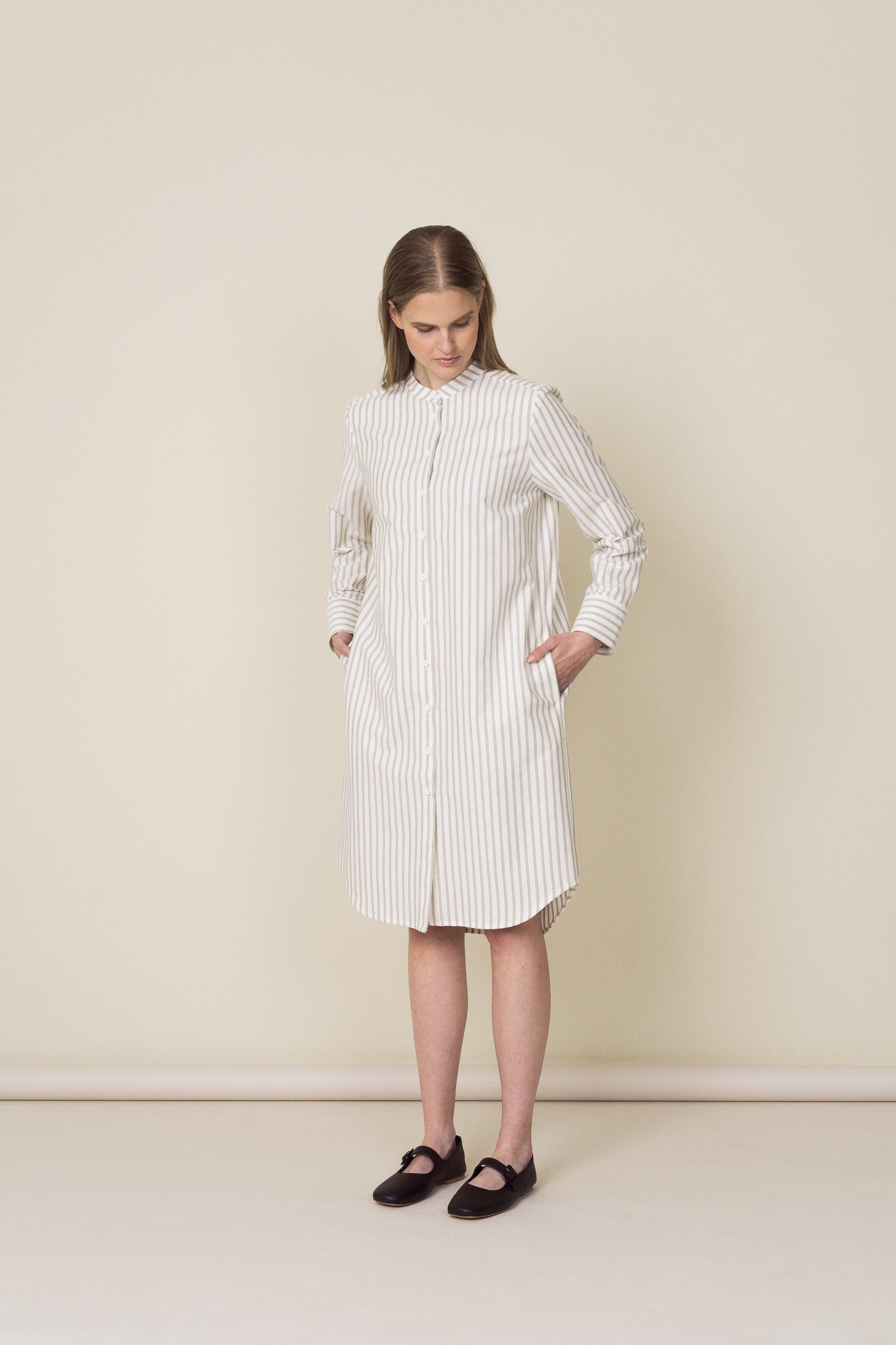 COLLARLESS OXFORD COTTON SHIRT DRESS
