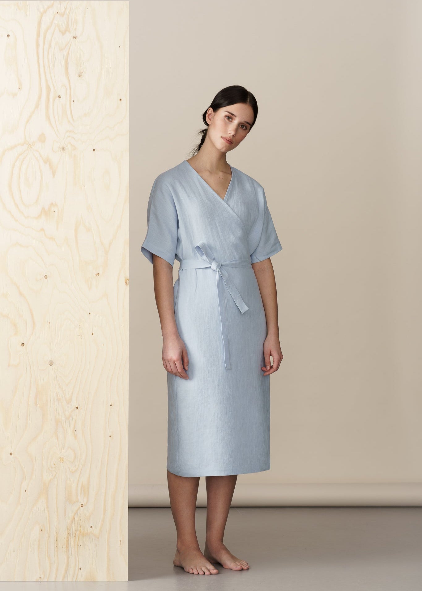 light blue linen wrap dress midi