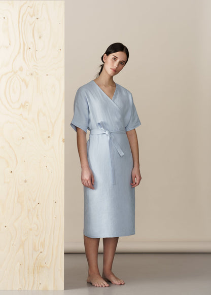light blue linen wrap dress midi