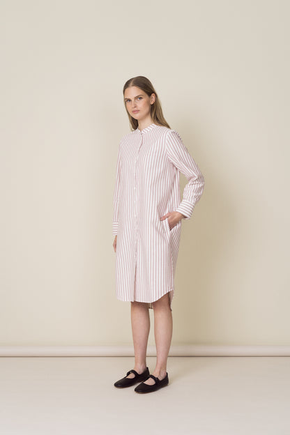 COLLARLESS OXFORD COTTON SHIRT DRESS